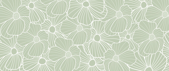 Wall Mural - abstract flower line art background vector. natural botanical elegant wildflower on green background
