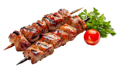 Wall Mural - Grilled chicken skewers with fresh parsley and tomato isolated on a transparent background, ideal for barbecue and summer party concepts
