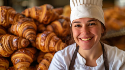 smiling beautiful female confectioner in uniform ,standing near a pile of fresh croissants 