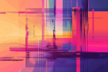 Wall Mural - Futuristic vibes in this abstract digital artwork! A neon color gradient explodes with geometric shapes and lines, while blurred architectural elements