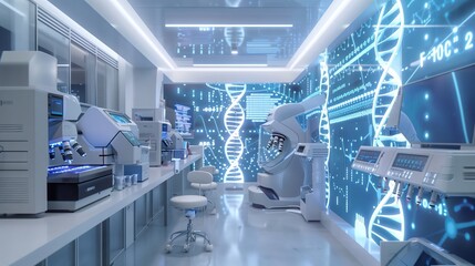 Poster - A cutting-edge genetic lab with advanced DNA sequencers and interactive genomes on high-res screens.