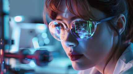 Poster - ai engineering, female stem engineer using artificial intelligence to design micro electronics in th