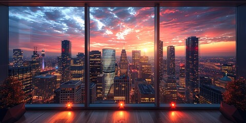 The skyline at sunset, a breathtaking cityscape embodying modern architecture and bustling city life.