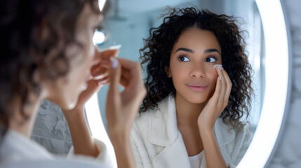 Poster - Mid adult woman applying contact lens in bathroom mirror.