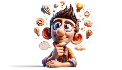 Wall Mural - A humorous claymation caricature character in white background depicted as thinking and getting ideas