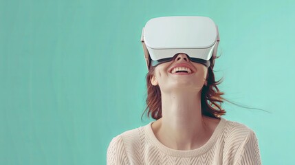 Fototapete - Young woman smiling while wearing white virtual reality glasses on a pastel green background. Generative AI