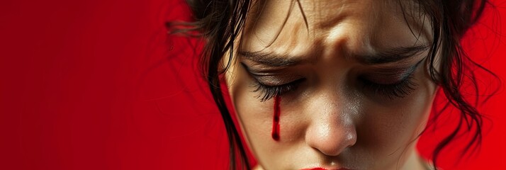 A close-up of a young woman with blood on her face, crying with smeared red lipstick and flowing mascara on a colored background. Generative AI