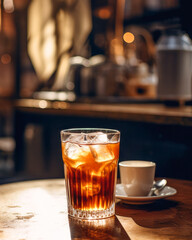 Wall Mural - A glass of iced coffee on a table in a cafe near window with morning sunlight. Concept drink