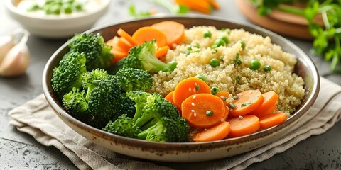 Wall Mural - Nutritious dish featuring quinoa steamed broccoli and sliced carrots in a bowl. Concept Quinoa and Vegetable Bowl, Healthy Eating, Nutrient-rich Ingredients, Plant-based Meal