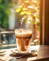 Wall Mural - A glass of coffee latte or cappuccino on a table in a cafe near window with morning sunlight. Concept drink