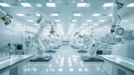 Poster - a futuristic cleanroom for advanced electronic research with robotic arms assembling intricate circu
