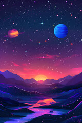 Wall Mural - A beautiful painting of a starry night sky with a large planet and a smaller planet in the foreground. The sky is filled with stars and the sun is setting in the background