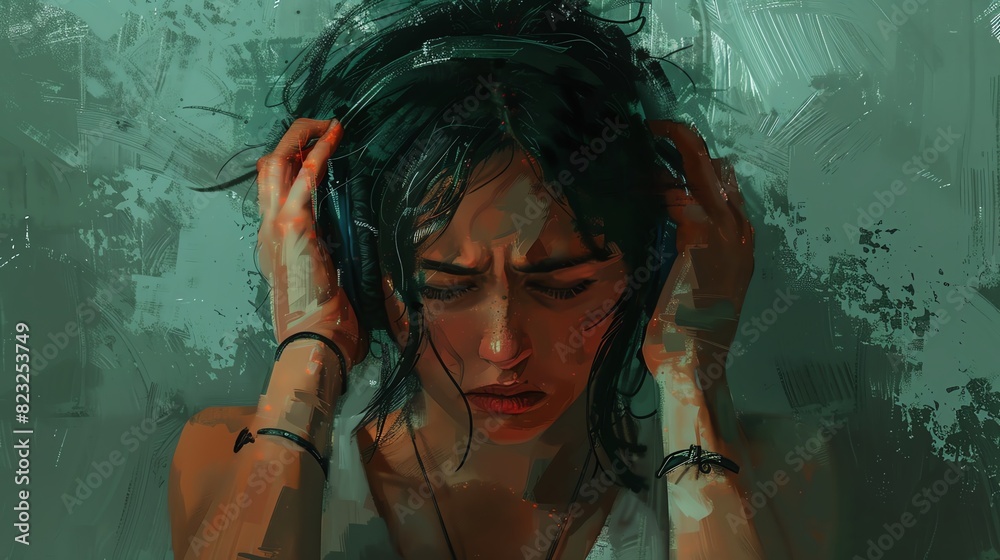 Abstract painting of a woman in distress holding her head, with dark ...