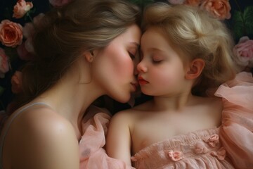 joyful cute mother daughter kiss at morning light. cute parent love of kid toddler. generate ai