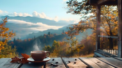 Sticker - Peaceful Mountain Cabin with Steaming Cup of Coffee on the Porch Overlooking Breathtaking Autumn Landscape