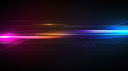 Wall Mural - lights and stripes moving fast on dark background, futuristic technology colorful background