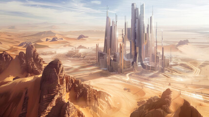 Wall Mural - An aerial view of modern futuristic skyscrapers in the desert