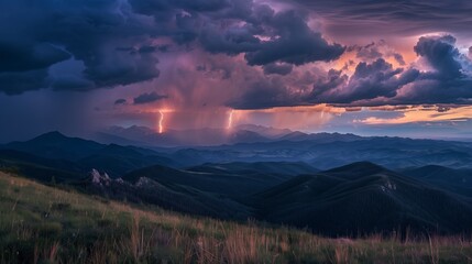 Wall Mural - a mountain thunderstorm: dark clouds roll in, lightning flashes illuminate the rugged peaks.