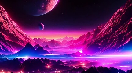 Wall Mural - futuristic cosmic animation with deep space, galaxy, and futuristic cityscape on the planet. neon pi