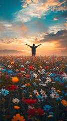 Sticker - Happy Man in Blooming Flowers Field, Facing The Sky, Success Celebration,Thanks Gesture, Blessing God