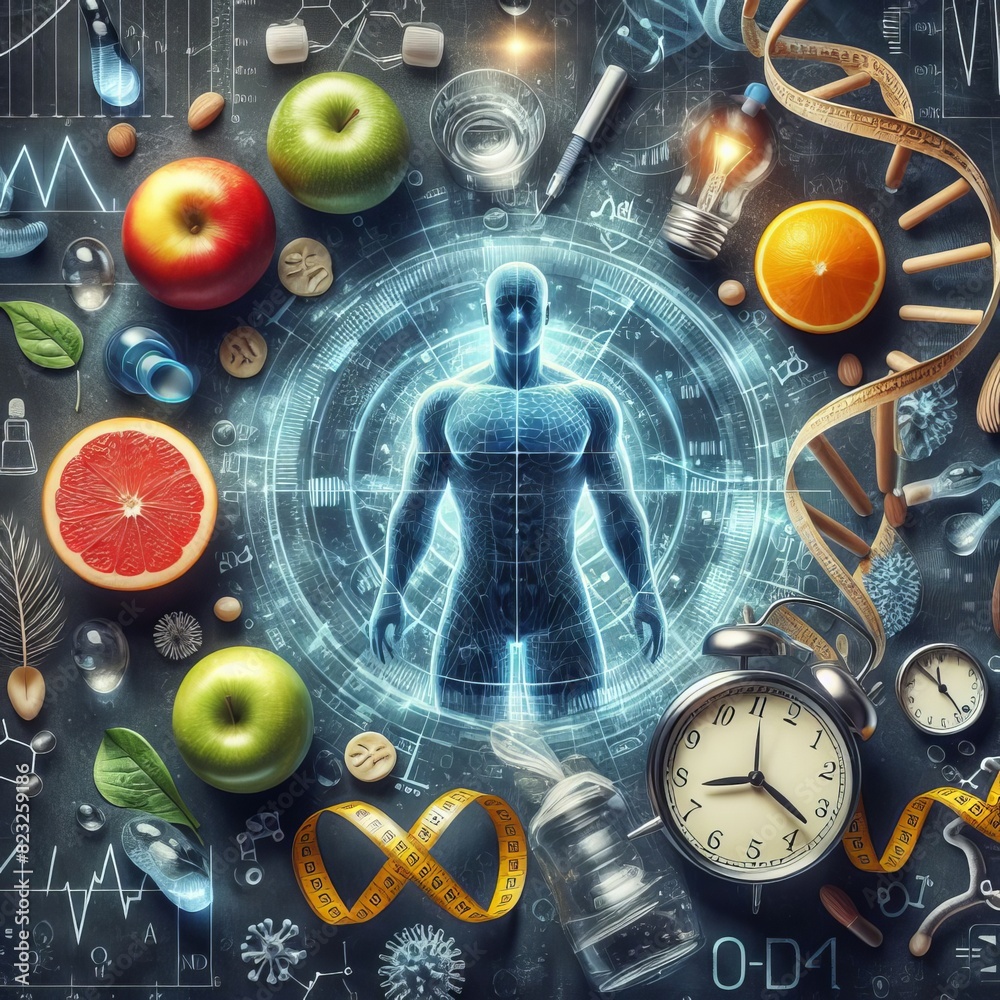 Conceptual image of human health and wellness with holographic elements ...