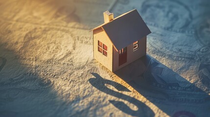Wall Mural - A conceptual image of a mini house model casting a shadow in the shape of a dollar sign, symbolizing the financial aspect of real estate investment