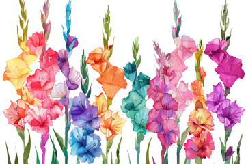 Wall Mural - Watercolor gladiolus clipart with tall spikes of colorful blooms 