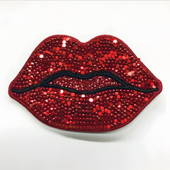 Red kissing lips patch covered in small red crystals isolated on white background