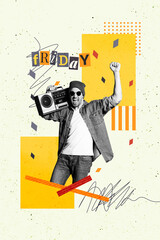 Canvas Print - Vertical photo collage of happy hipster guy hold retro boombox stereo party music retro event weekend isolated on painted background