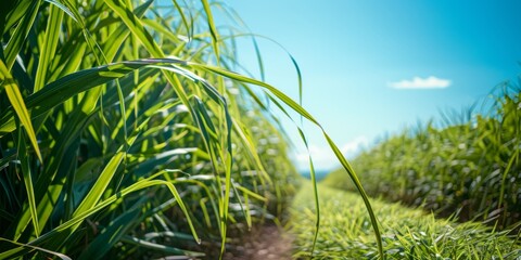 Wall Mural - A field of sugar cane with the focus on one section showing tall, green leaves and thin brown stalks, against a clear blue sky background