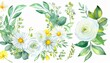 © Nolan - Watercolor floral illustration set - bouquets and wreath. White flowers, rose, peony, green leaf branches collection. Wedding invites, wallpapers, fashion. Eucalyptus olive leaves chamomile
