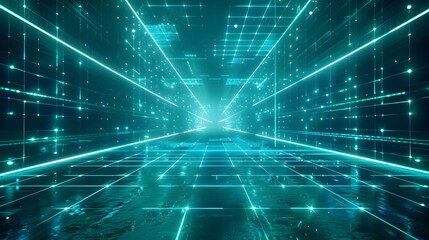 Poster - glowing neon grid backdrop for futuristic tech product concept display