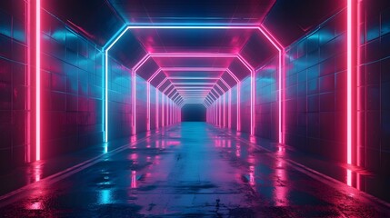 Poster - Glowing Neon Tunnel with Futuristic Architectural Design for Tech Gadget Background