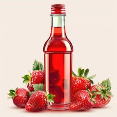 strawberry syrup, with a transparent bottle without a label. strawberries around the bottle