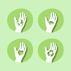 Aufkleber - Set of Hands holding with ecology concept. Sustainable, Ecology and Environment concept. Paper cut style. Paper carving. Vector Illustration.