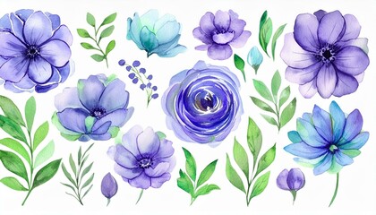 Poster - Watercolour floral illustration set. DIY violet purple blue flowers, green leaves elements collection - for bouquets, wreaths, wedding invitations, prints, fashion, birthday, postcards, greetings