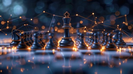 Poster - Chess pieces on a board connected by radiant digital threads, showcasing strategic decision-making empowered by big data analytics. Big data visualization