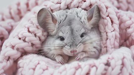 A baby chinchilla in a fluffy pink sweater, cuddled up in a blanket