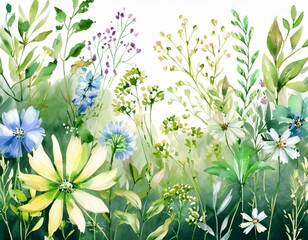 Wall Mural - Wild field herbs flowers. Watercolor floral collection set - bouquets, borders, frames. Illustration green leaves, branches