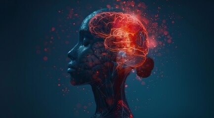 A glowing brain with a red aura is depicted on the side of an animated human head in profile, symbolizing treatment for graduating to research and treatment