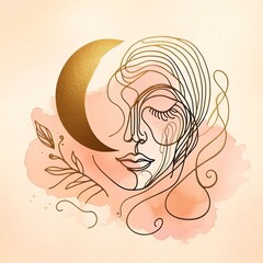Wall Mural - A line art illustration of a person's face in bronze and gold colors. 