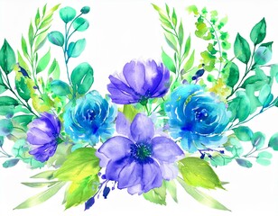 Wall Mural - Watercolor floral illustration bouquet set collection blue violet purple green frame, border, bouquet, wreath; wedding stationary, greetings, wallpaper, fashion, posters background. Leaves