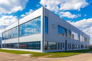 A gray modern warehouse with glass windows and blue sky in the background, located on an industrial park site surrounded by green grass