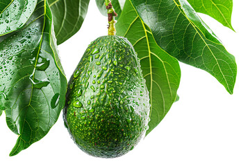 Portrait of fresh and hanging Avocados isolated on a transparent background