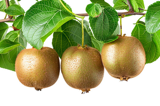 Portrait of fresh and hanging Kiwis isolated on a transparent background