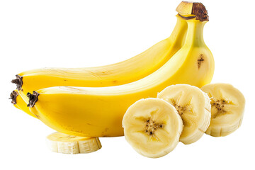 portrait of a fresh bananas along with cut slices of the banana isolated on a transparent background