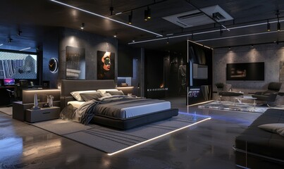 Wall Mural - A modern industrious design bedroom with king bed. Concrete floor, LED light strip, abstract art