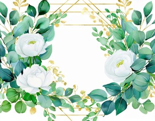 Wall Mural - Watercolor floral frame border with white flowers, rose, peony, green leaves, branches and gold elements, for wedding stationary, greetings, wallpapers, fashion, background. Eucalyptus