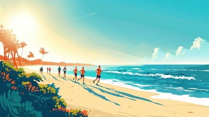 Wall Mural - Imaginepeople Jogging Along The Shoreline, The Morning Sun Casting Long Shadows, Cartoon ,Flat color