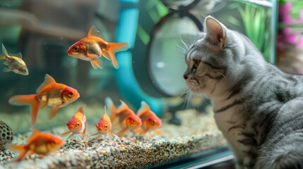 Wall Mural - British shorthair silver cat watching goldfish